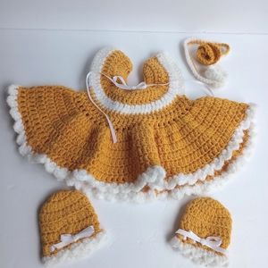 05-Newborn dress, HANDKNITTED YELLOW &WHITE BABY DRESS,MITTEN,Head SET